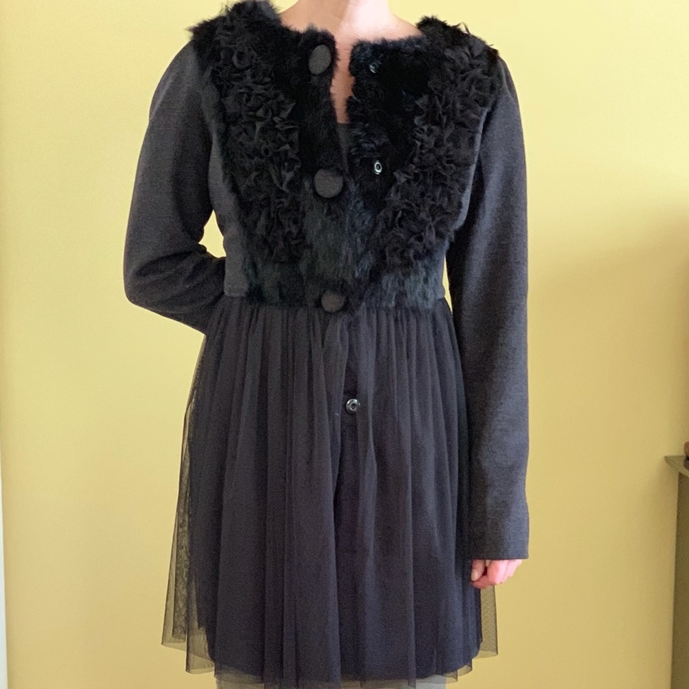 Ryu Dress Coat with Tulle and Rabbit Fur Trim